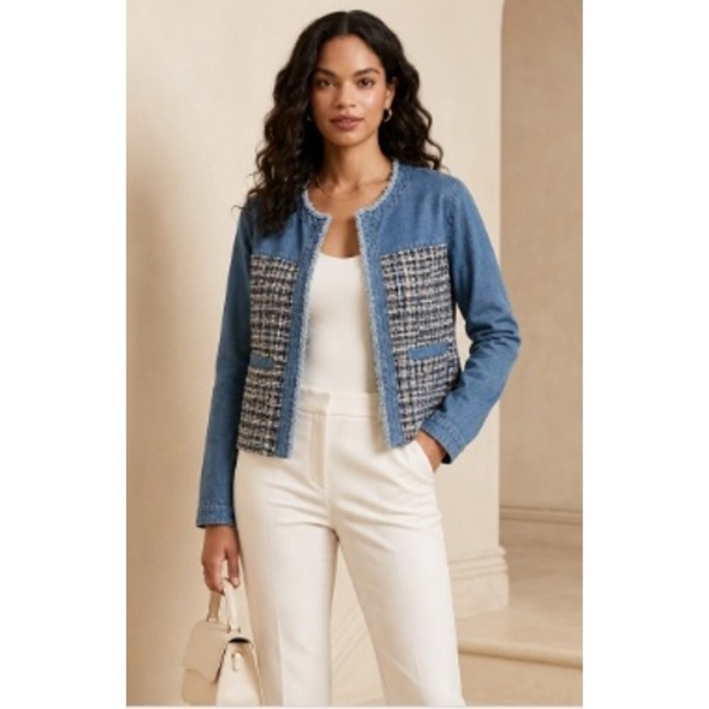 Arianna by Howard's Tweed Denim Jacket Blue Frayed Trim Open Front NWOT S/M